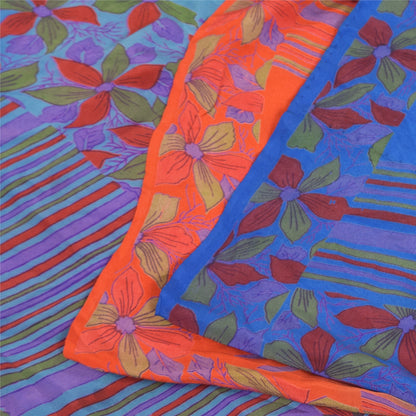 Sanskriti Vintage Sarees Blue & Orange Pure Crepe Silk Printed Sari 5+yd Sustainable Fabric