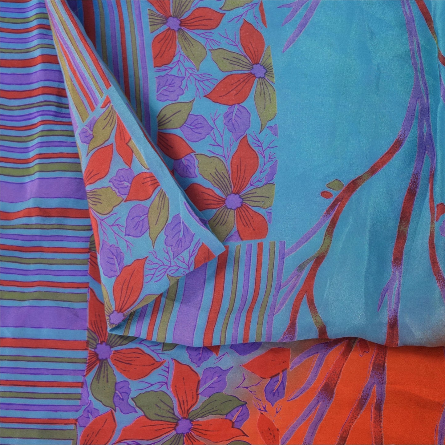 Sanskriti Vintage Sarees Blue & Orange Pure Crepe Silk Printed Sari 5+yd Sustainable Fabric