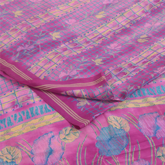 Sanskriti Vintage Sarees Purple Pure Crepe Silk Printed Sari 5+yd Craft Sustainable Fabric
