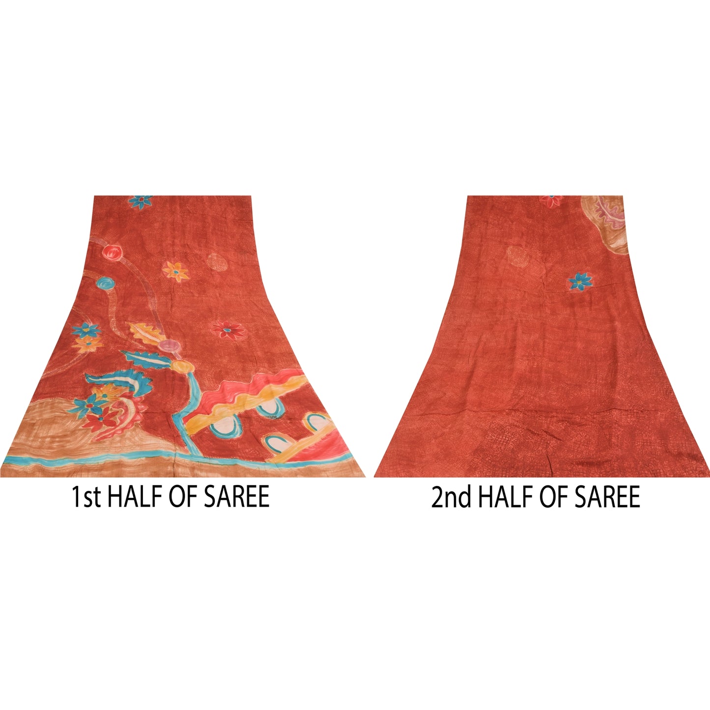 Sanskriti Vintage Sarees Orange Pure Crepe Silk Printed Sari 5+yd Craft Sustainable Fabric