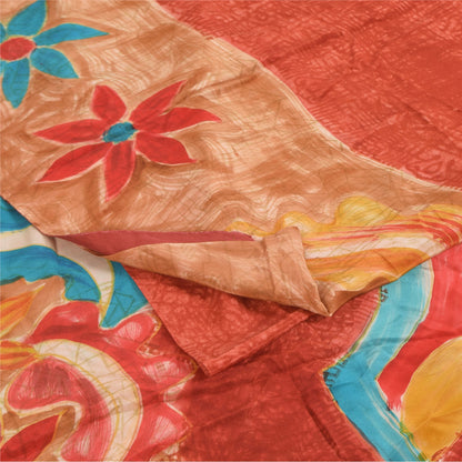 Sanskriti Vintage Sarees Orange Pure Crepe Silk Printed Sari 5+yd Craft Sustainable Fabric