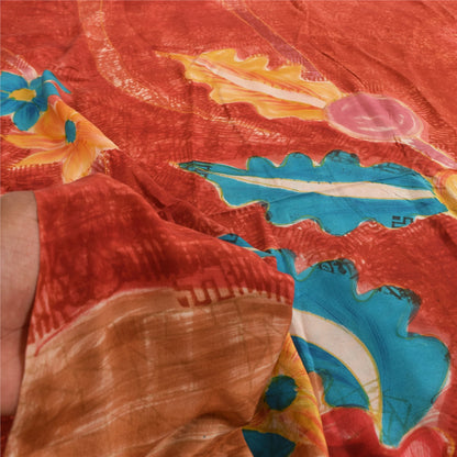 Sanskriti Vintage Sarees Orange Pure Crepe Silk Printed Sari 5+yd Craft Sustainable Fabric