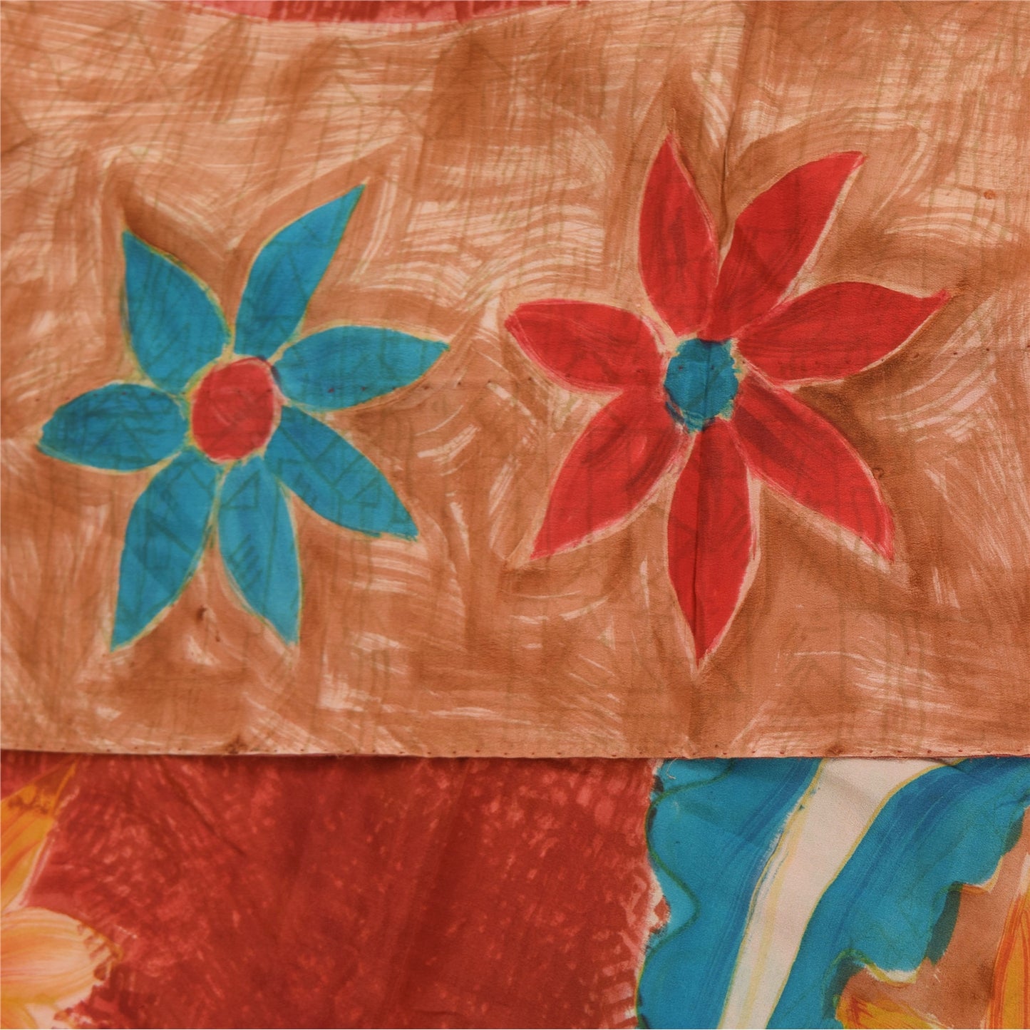 Sanskriti Vintage Sarees Orange Pure Crepe Silk Printed Sari 5+yd Craft Sustainable Fabric