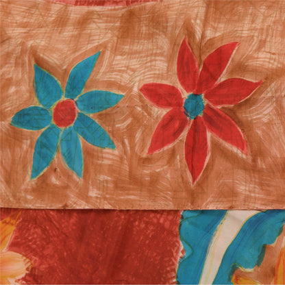 Sanskriti Vintage Sarees Orange Pure Crepe Silk Printed Sari 5+yd Craft Sustainable Fabric