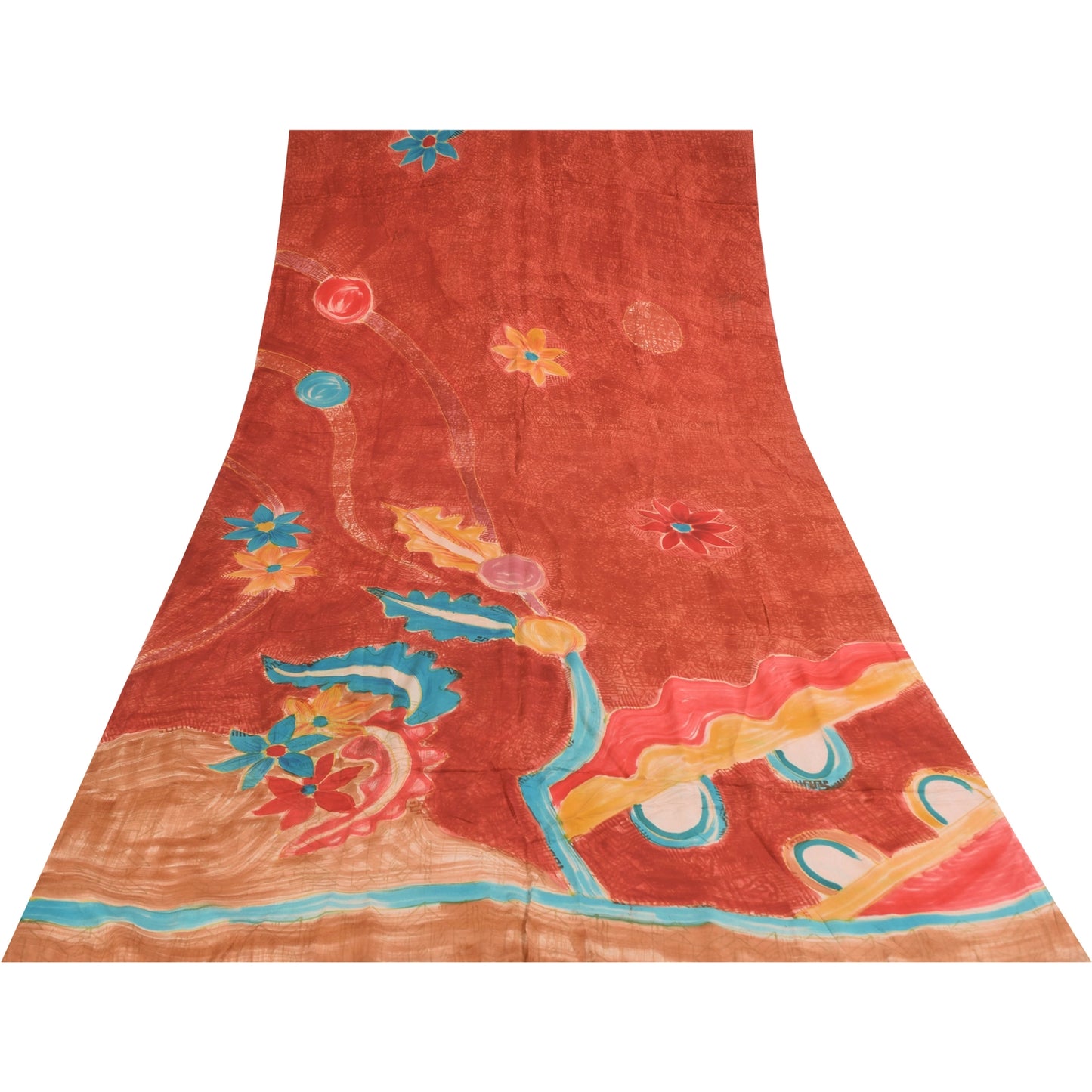 Sanskriti Vintage Sarees Orange Pure Crepe Silk Printed Sari 5+yd Craft Sustainable Fabric