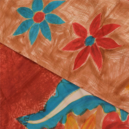 Sanskriti Vintage Sarees Orange Pure Crepe Silk Printed Sari 5+yd Craft Sustainable Fabric