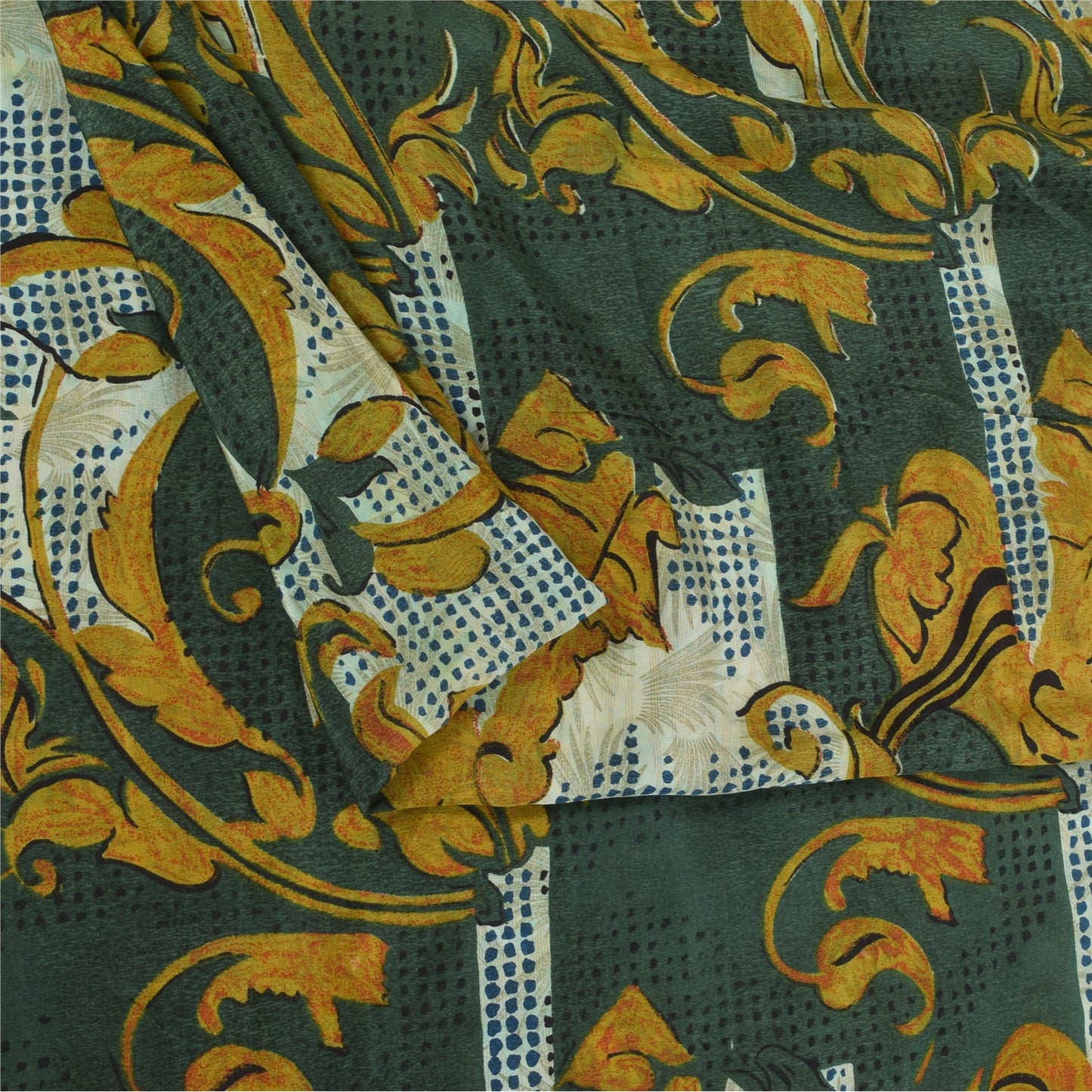 Sanskriti Vintage Sarees Green & Ivory Pure Crepe Printed Sari 5+yd Craft Sustainable Fabric