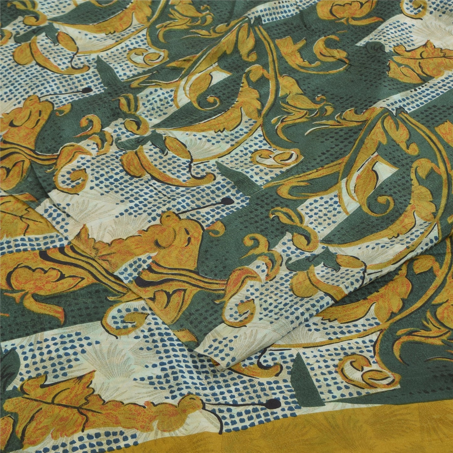 Sanskriti Vintage Sarees Green & Ivory Pure Crepe Printed Sari 5+yd Craft Sustainable Fabric