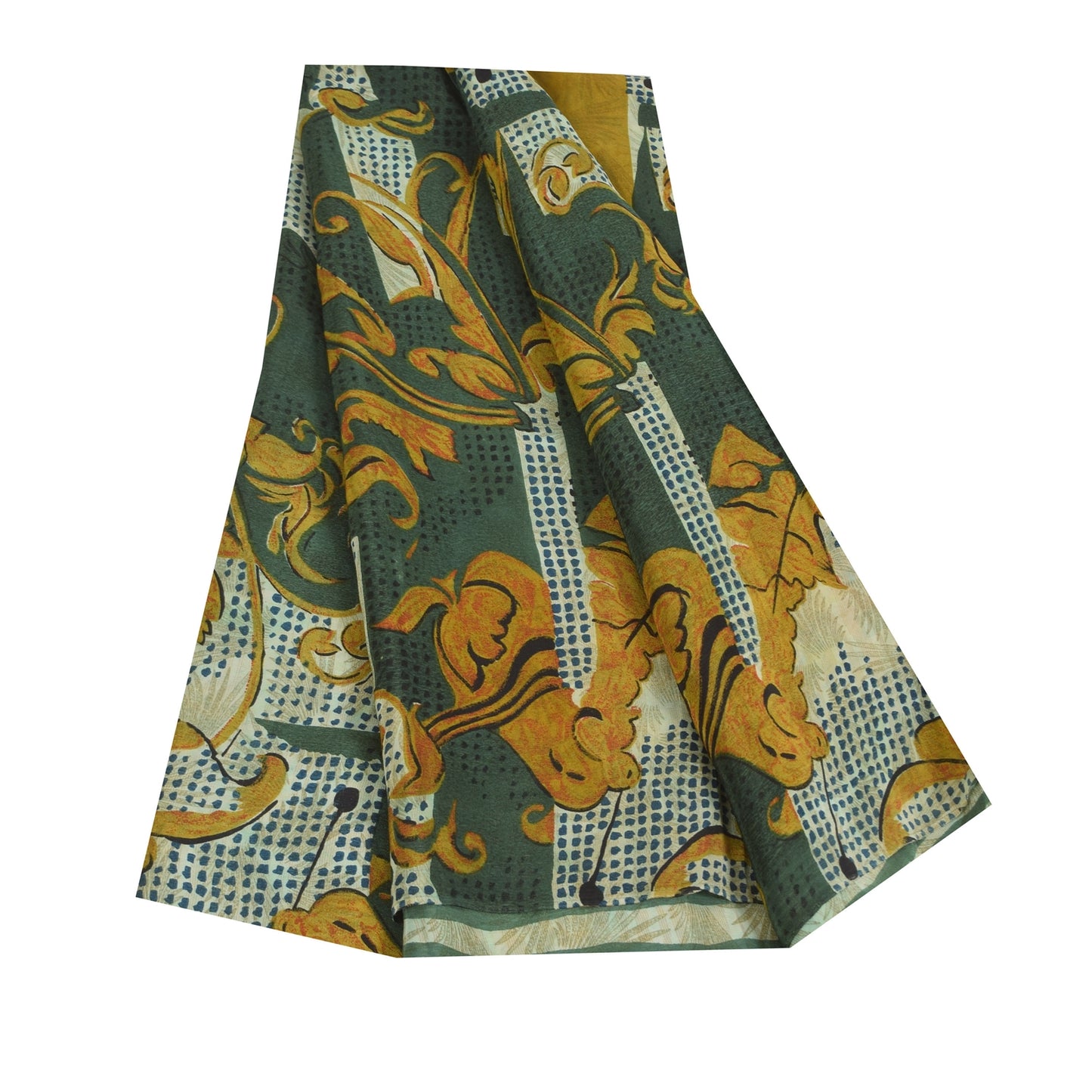 Sanskriti Vintage Sarees Green & Ivory Pure Crepe Printed Sari 5+yd Craft Sustainable Fabric