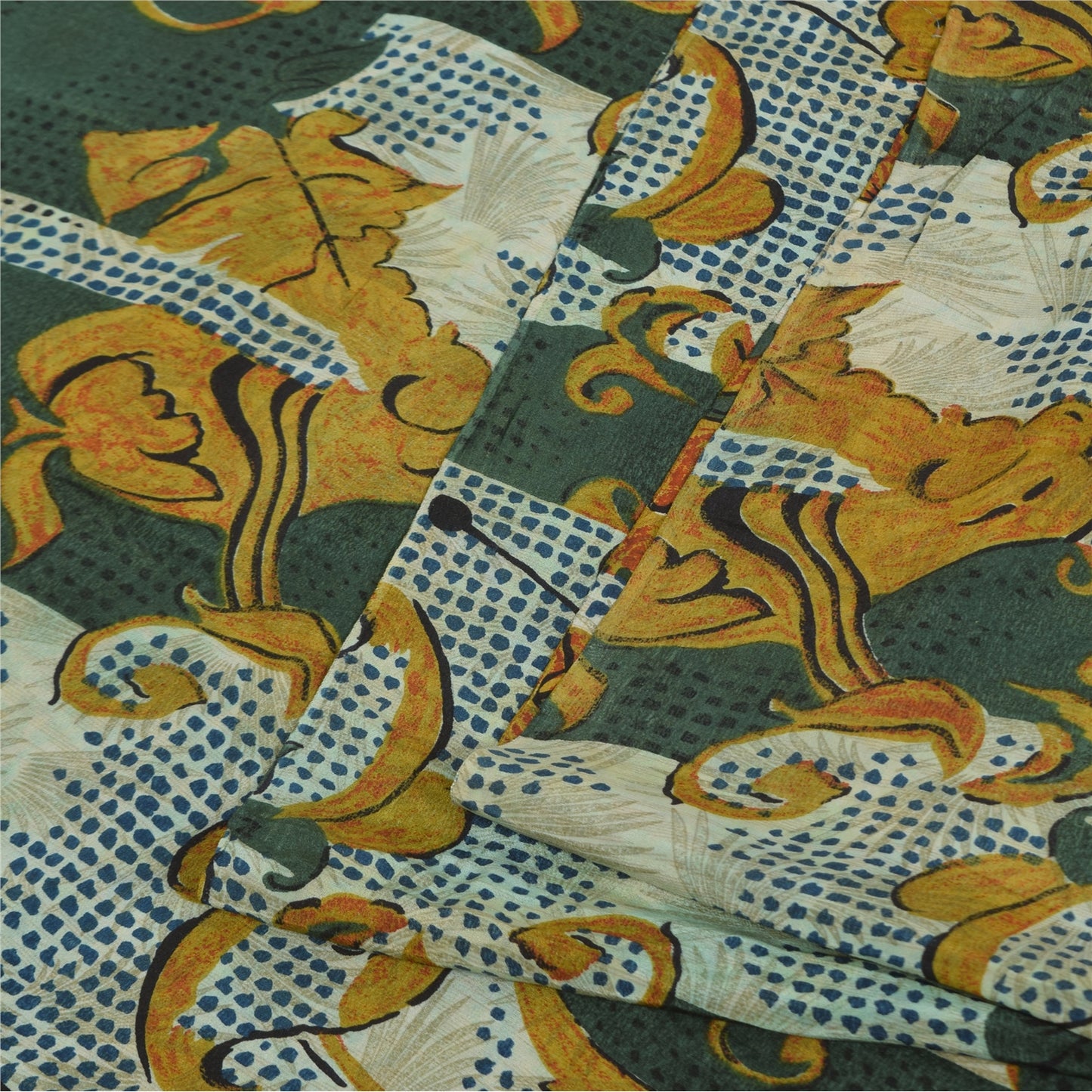 Sanskriti Vintage Sarees Green & Ivory Pure Crepe Printed Sari 5+yd Craft Sustainable Fabric