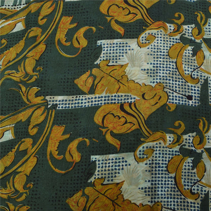 Sanskriti Vintage Sarees Green & Ivory Pure Crepe Printed Sari 5+yd Craft Sustainable Fabric