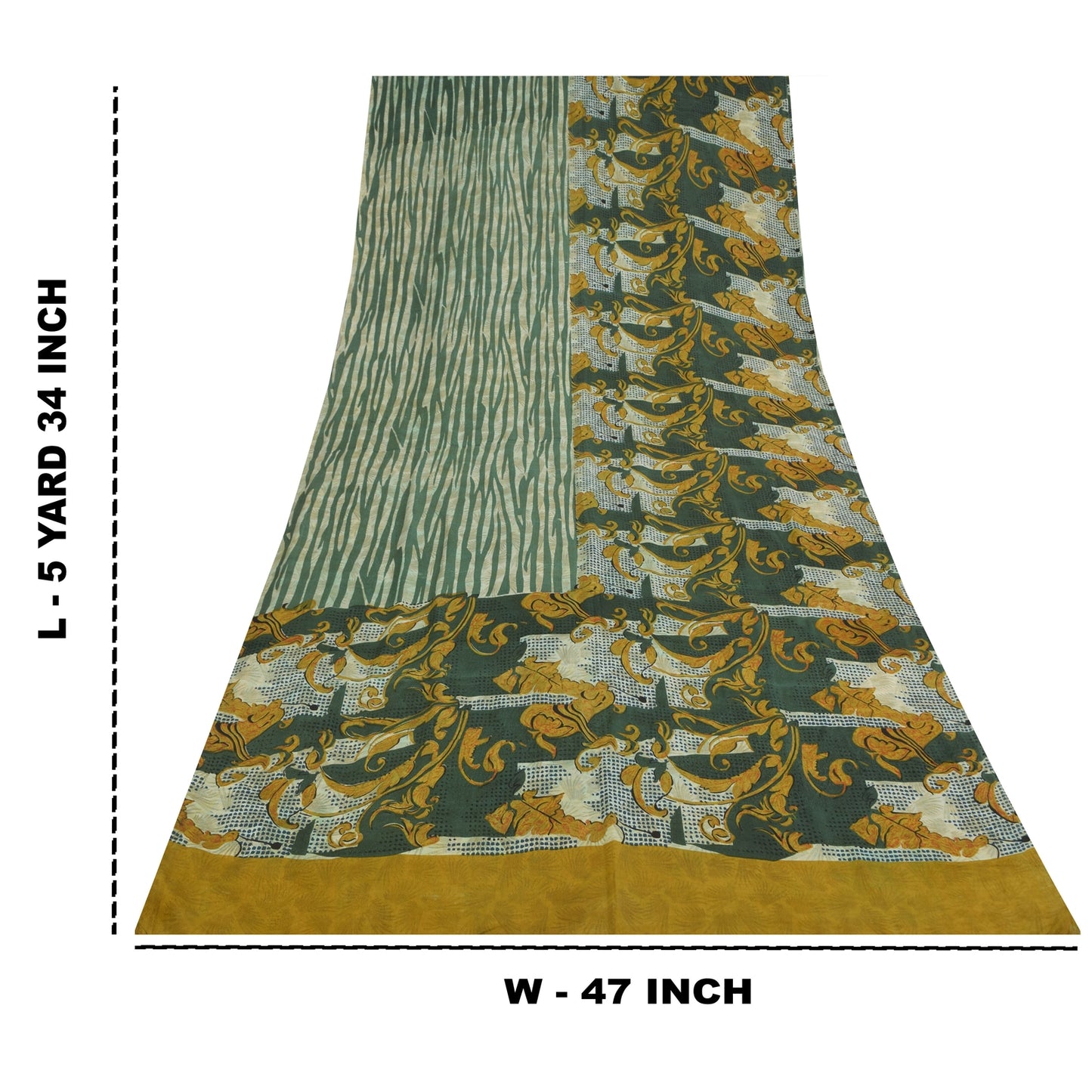 Sanskriti Vintage Sarees Green & Ivory Pure Crepe Printed Sari 5+yd Craft Sustainable Fabric