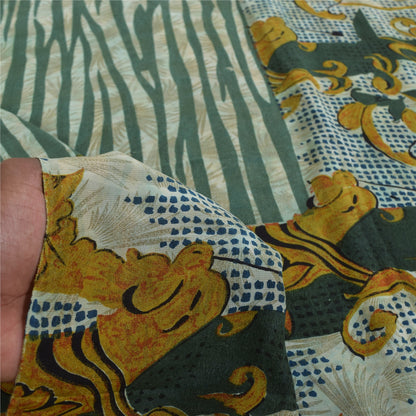 Sanskriti Vintage Sarees Green & Ivory Pure Crepe Printed Sari 5+yd Craft Sustainable Fabric