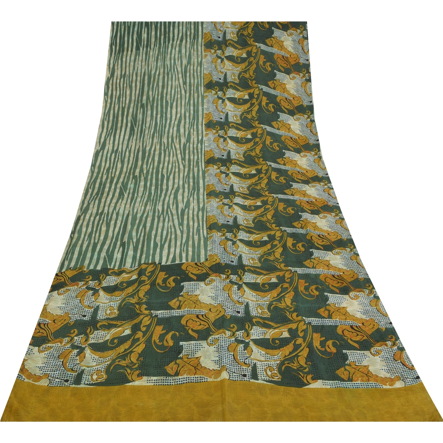 Sanskriti Vintage Sarees Green & Ivory Pure Crepe Printed Sari 5+yd Craft Sustainable Fabric