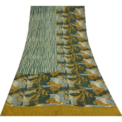 Sanskriti Vintage Sarees Green & Ivory Pure Crepe Printed Sari 5+yd Craft Sustainable Fabric