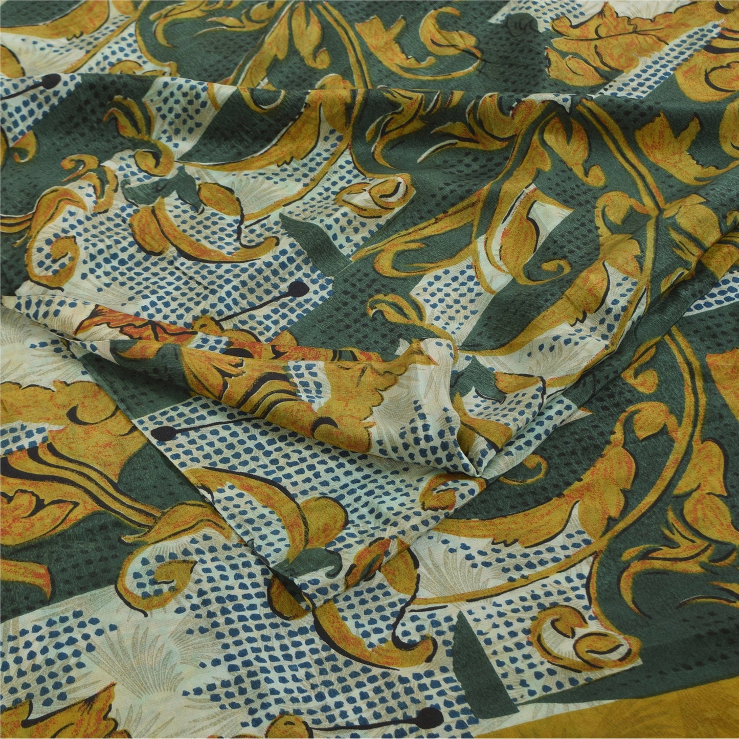 Sanskriti Vintage Sarees Green & Ivory Pure Crepe Printed Sari 5+yd Craft Sustainable Fabric