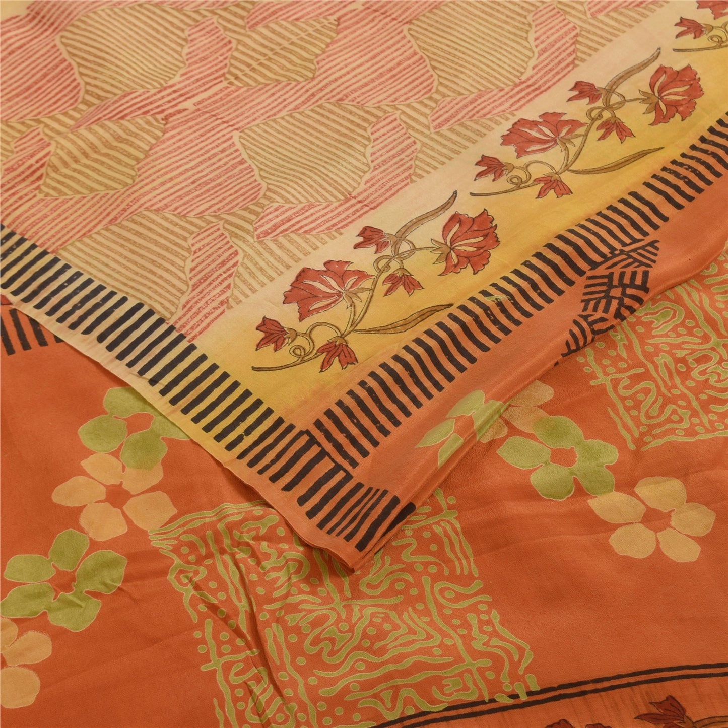 Sanskriti Vintage Sarees Orange Pure Crepe Silk Printed Sari 5+yd Craft Sustainable Fabric