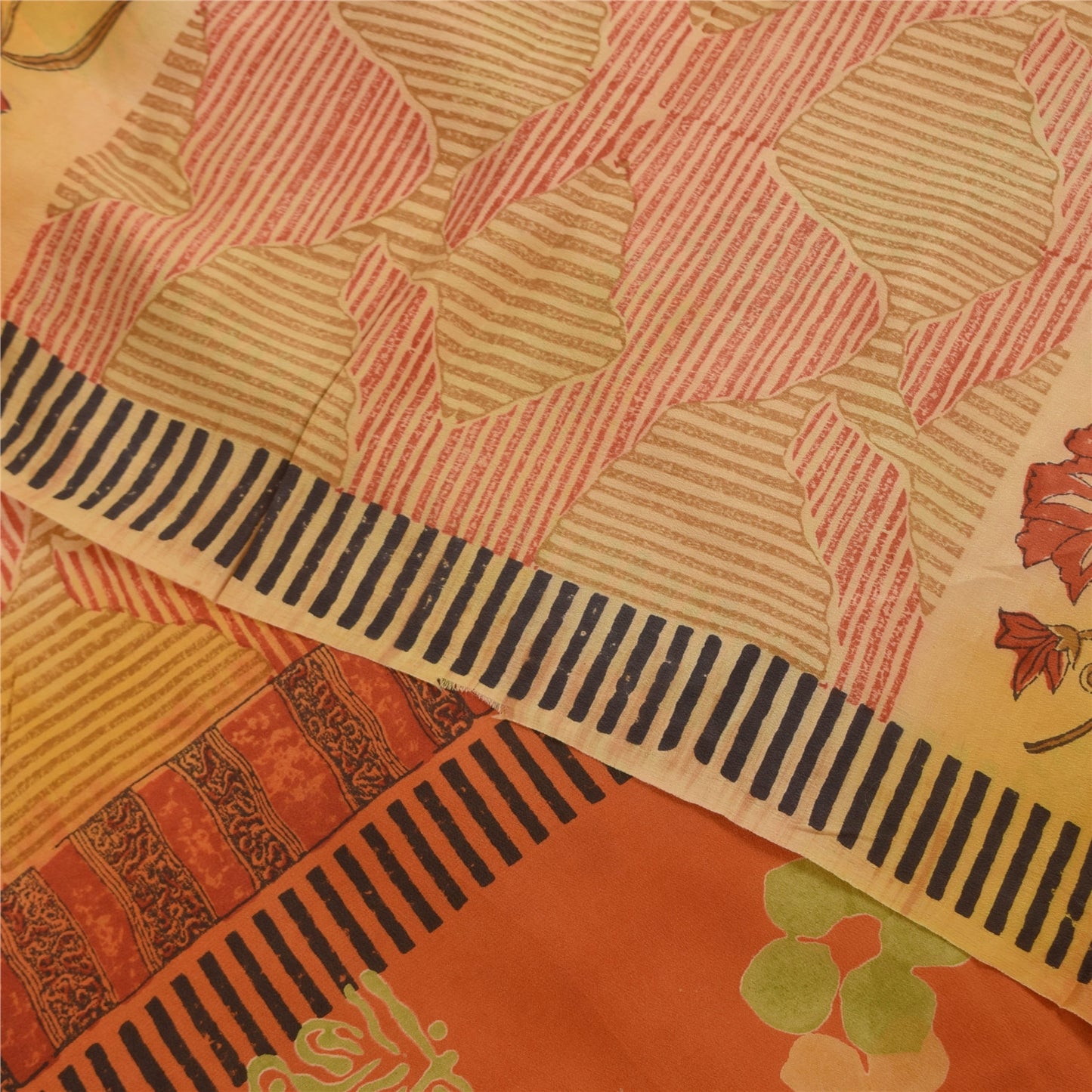 Sanskriti Vintage Sarees Orange Pure Crepe Silk Printed Sari 5+yd Craft Sustainable Fabric