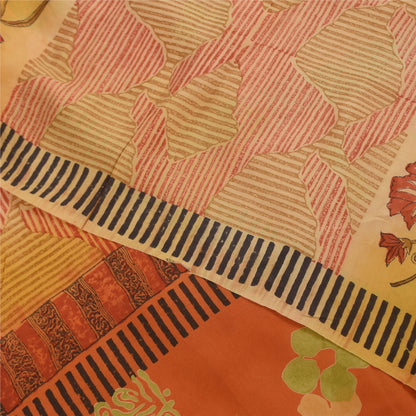 Sanskriti Vintage Sarees Orange Pure Crepe Silk Printed Sari 5+yd Craft Sustainable Fabric