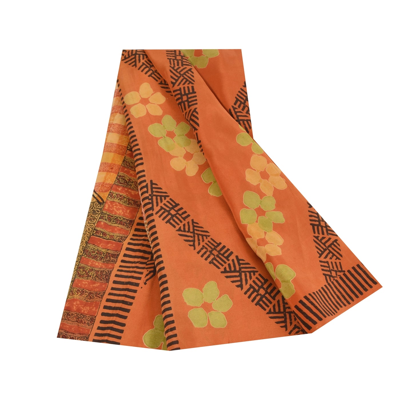 Sanskriti Vintage Sarees Orange Pure Crepe Silk Printed Sari 5+yd Craft Sustainable Fabric