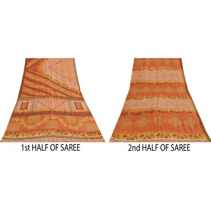 Sanskriti Vintage Sarees Orange Pure Crepe Silk Printed Sari 5+yd Craft Sustainable Fabric
