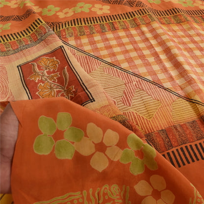 Sanskriti Vintage Sarees Orange Pure Crepe Silk Printed Sari 5+yd Craft Sustainable Fabric