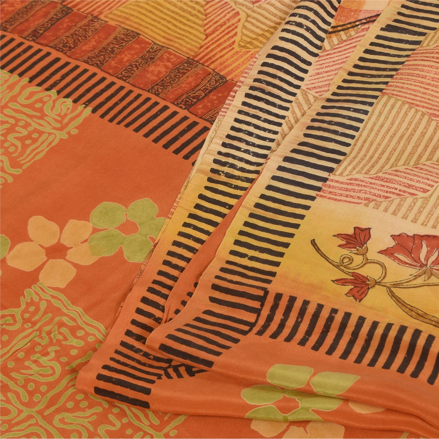 Sanskriti Vintage Sarees Orange Pure Crepe Silk Printed Sari 5+yd Craft Sustainable Fabric