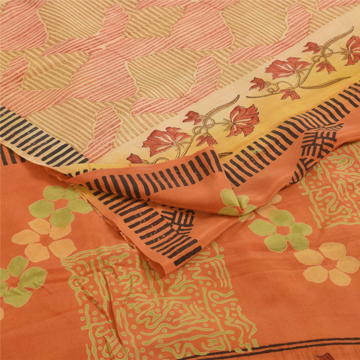 Sanskriti Vintage Sarees Orange Pure Crepe Silk Printed Sari 5+yd Craft Sustainable Fabric