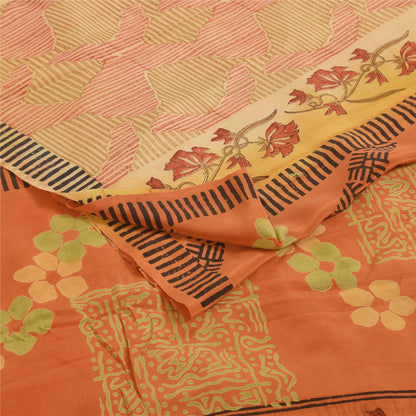 Sanskriti Vintage Sarees Orange Pure Crepe Silk Printed Sari 5+yd Craft Sustainable Fabric