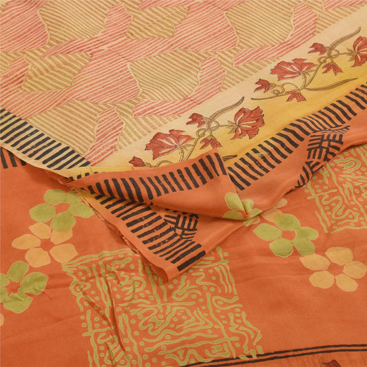 Sanskriti Vintage Sarees Orange Pure Crepe Silk Printed Sari 5+yd Craft Sustainable Fabric