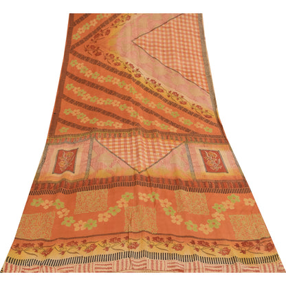 Sanskriti Vintage Sarees Orange Pure Crepe Silk Printed Sari 5+yd Craft Sustainable Fabric