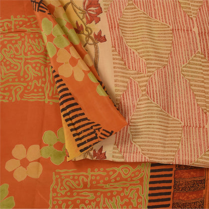 Sanskriti Vintage Sarees Orange Pure Crepe Silk Printed Sari 5+yd Craft Sustainable Fabric