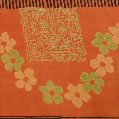 Sanskriti Vintage Sarees Orange Pure Crepe Silk Printed Sari 5+yd Craft Sustainable Fabric