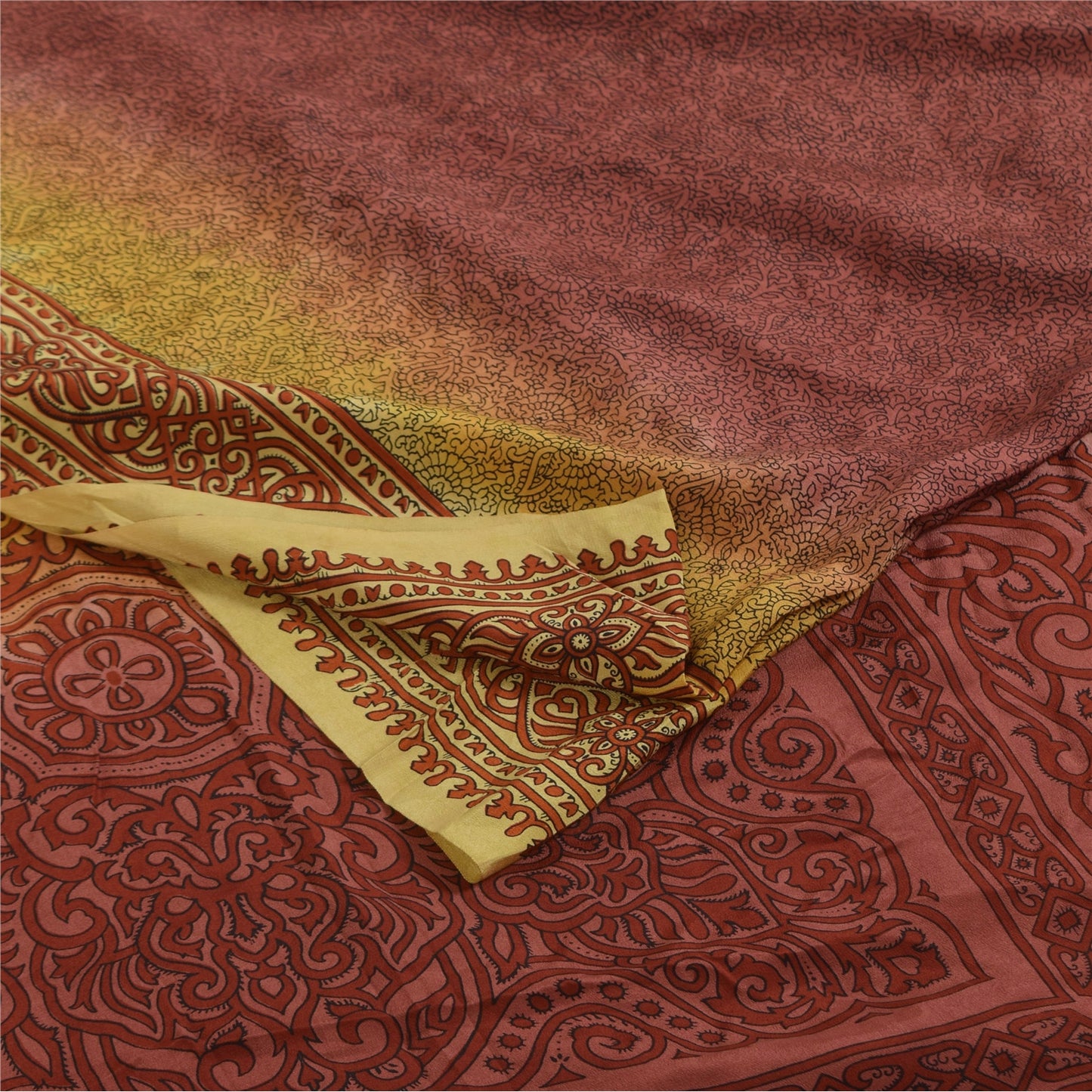 Sanskriti Vintage Sarees Plum 100%Pure Crepe Silk Printed Sari 5+yd Craft Sustainable Fabric