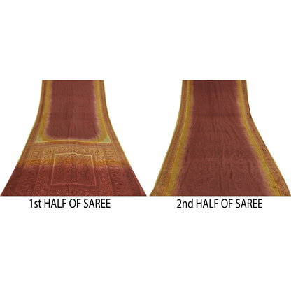 Sanskriti Vintage Sarees Plum 100%Pure Crepe Silk Printed Sari 5+yd Craft Sustainable Fabric