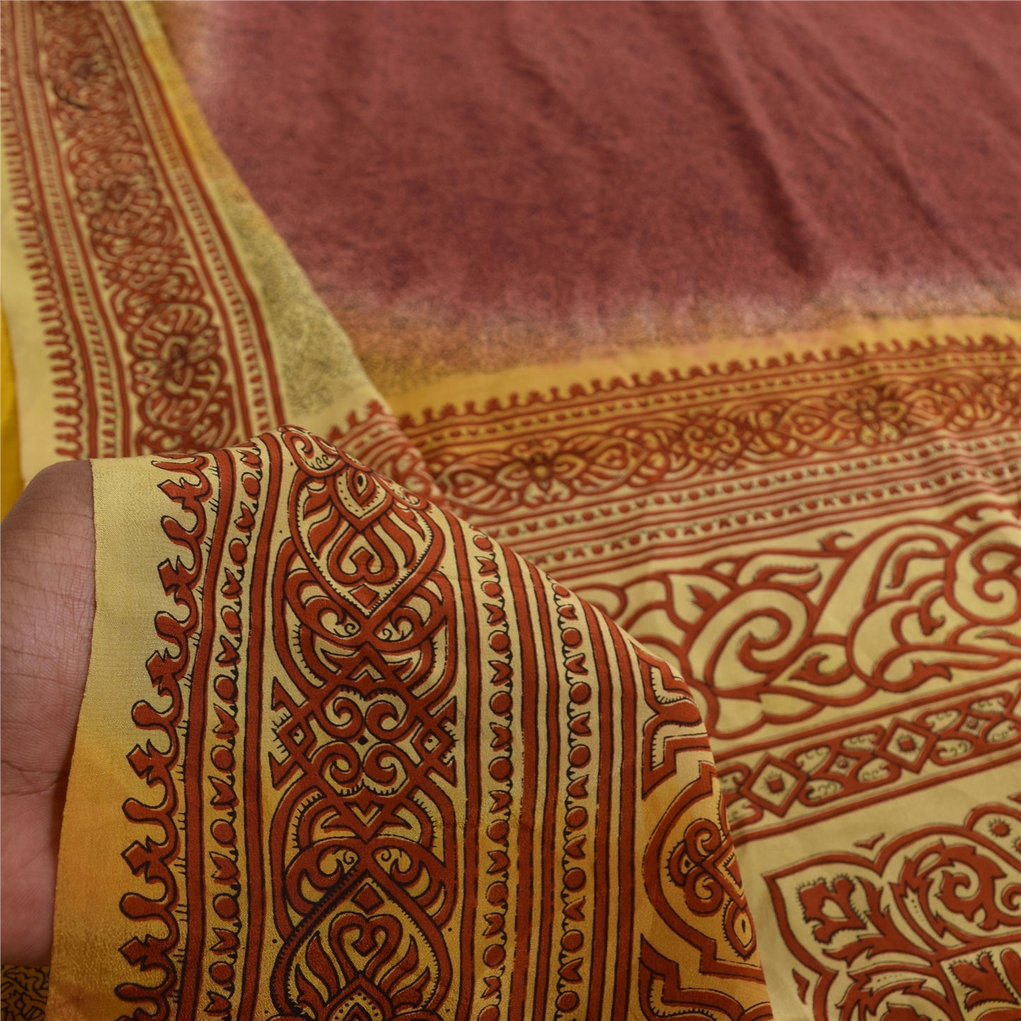 Sanskriti Vintage Sarees Plum 100%Pure Crepe Silk Printed Sari 5+yd Craft Sustainable Fabric