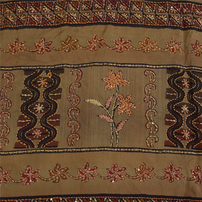 Sanskriti Vintage Sarees Pure Crepe Hand Beaded Kantha Printed Sari 5+yd Sustainable Fabric