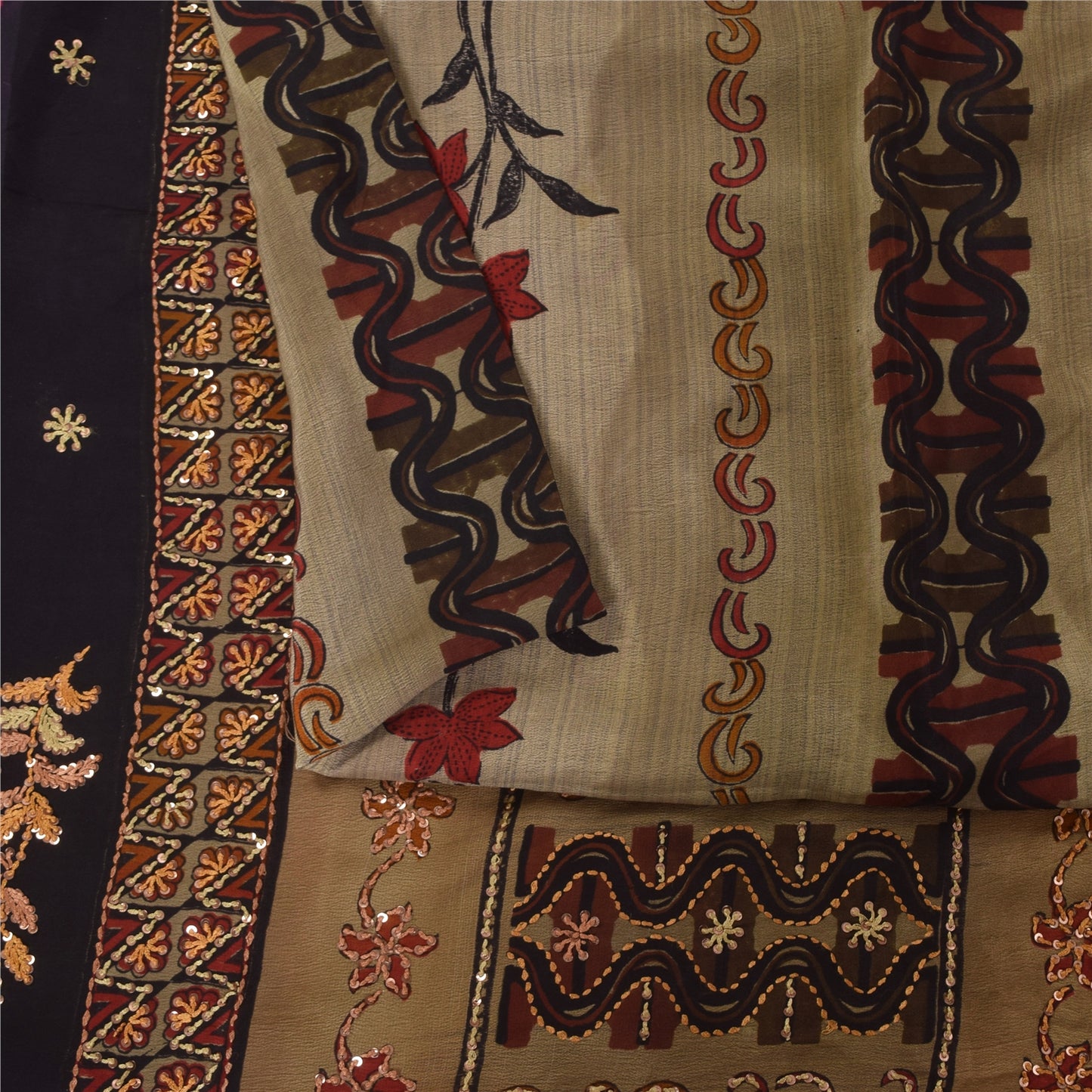 Sanskriti Vintage Sarees Pure Crepe Hand Beaded Kantha Printed Sari 5+yd Sustainable Fabric