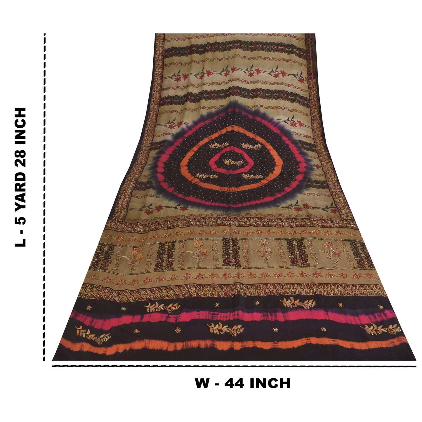 Sanskriti Vintage Sarees Pure Crepe Hand Beaded Kantha Printed Sari 5+yd Sustainable Fabric