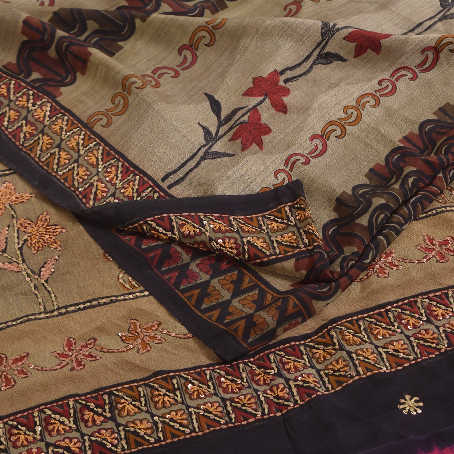 Sanskriti Vintage Sarees Pure Crepe Hand Beaded Kantha Printed Sari 5+yd Sustainable Fabric