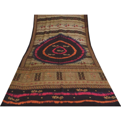 Sanskriti Vintage Sarees Pure Crepe Hand Beaded Kantha Printed Sari 5+yd Sustainable Fabric