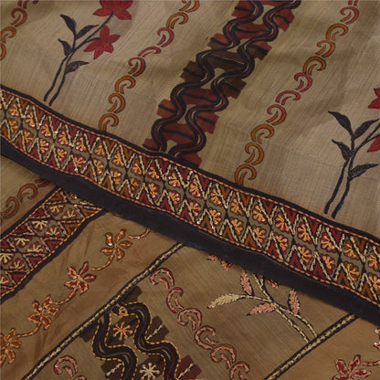 Sanskriti Vintage Sarees Pure Crepe Hand Beaded Kantha Printed Sari 5+yd Sustainable Fabric