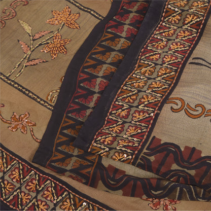 Sanskriti Vintage Sarees Pure Crepe Hand Beaded Kantha Printed Sari 5+yd Sustainable Fabric