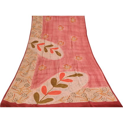 Sanskriti Vintage Sarees Pink 100%Pure Crepe Silk Printed Sari 5+yd Craft Sustainable Fabric