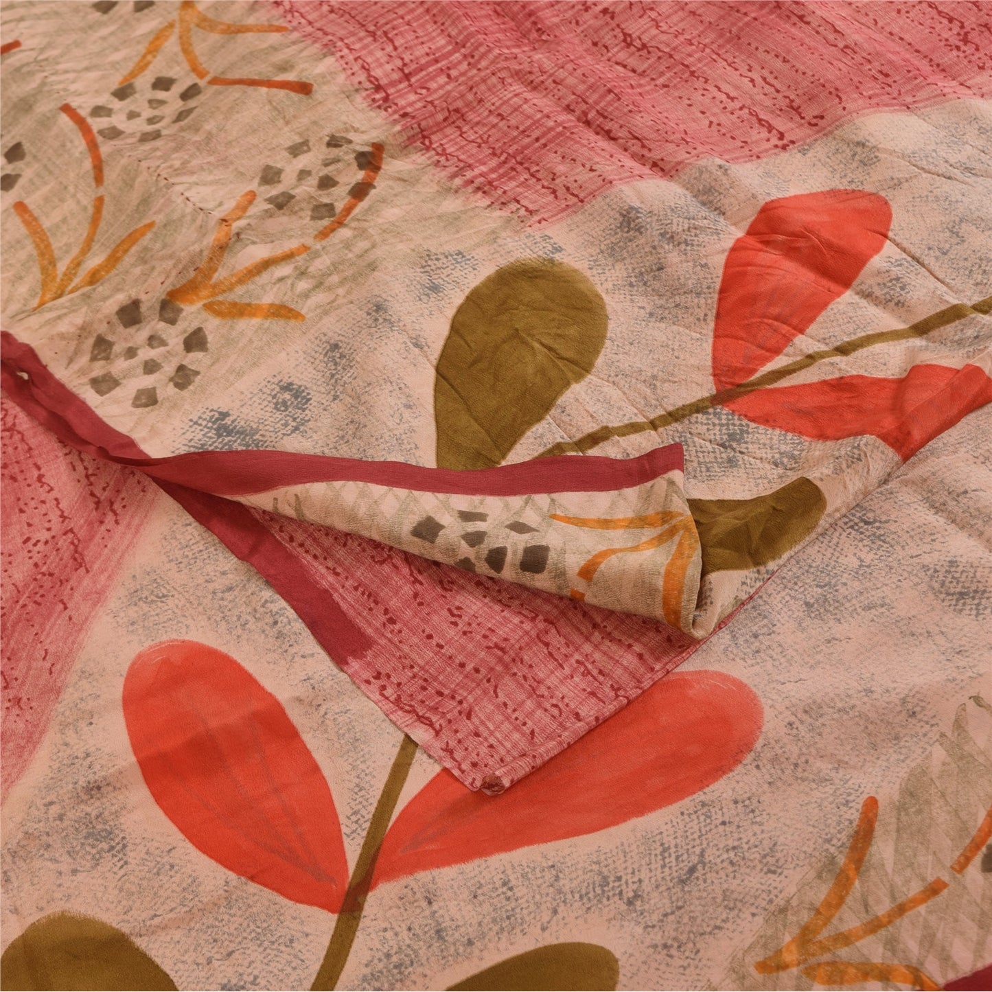 Sanskriti Vintage Sarees Pink 100%Pure Crepe Silk Printed Sari 5+yd Craft Sustainable Fabric