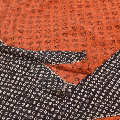 Sanskriti Vintage Sarees Orange Pure Crepe Silk Printed Sari 5+yd Craft Sustainable Fabric
