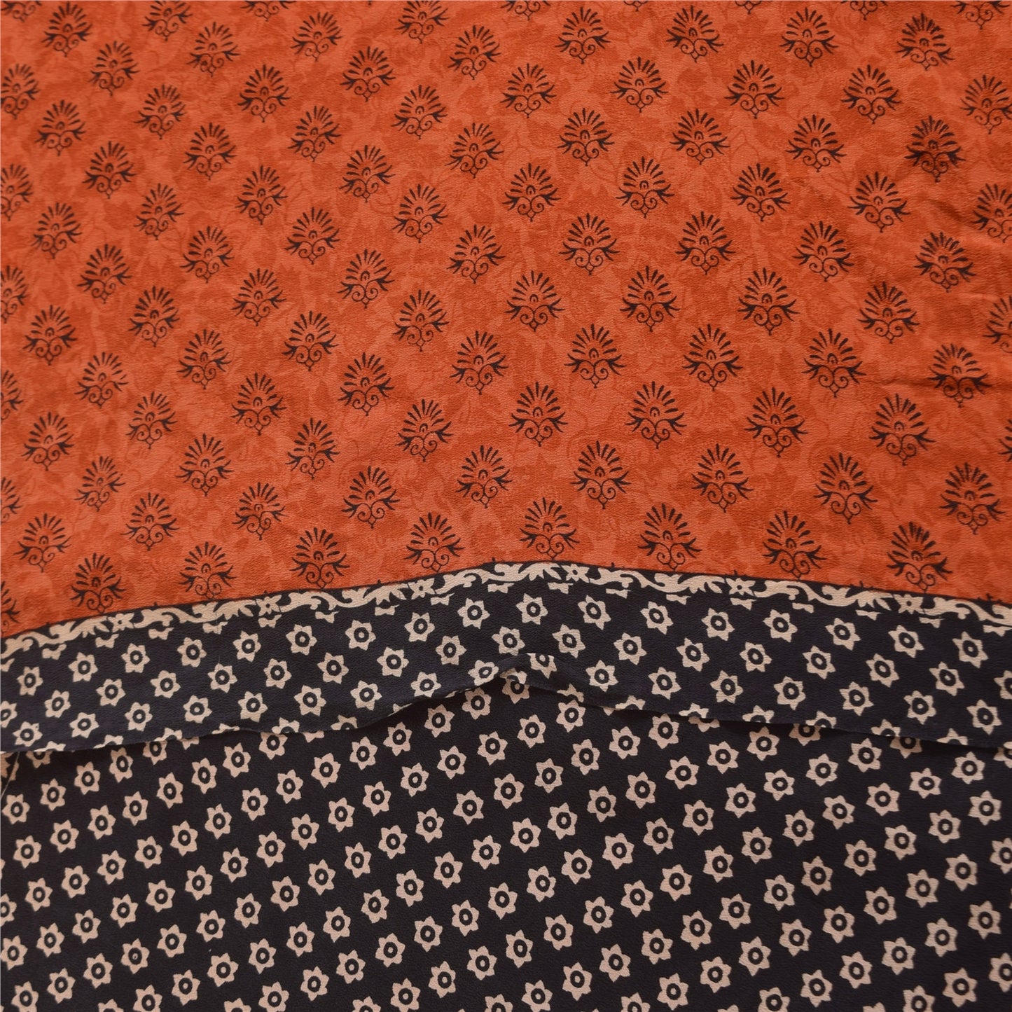 Sanskriti Vintage Sarees Orange Pure Crepe Silk Printed Sari 5+yd Craft Sustainable Fabric
