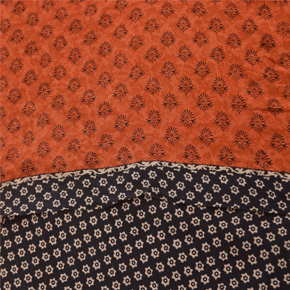 Sanskriti Vintage Sarees Orange Pure Crepe Silk Printed Sari 5+yd Craft Sustainable Fabric