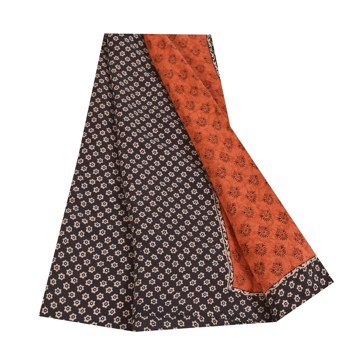 Sanskriti Vintage Sarees Orange Pure Crepe Silk Printed Sari 5+yd Craft Sustainable Fabric