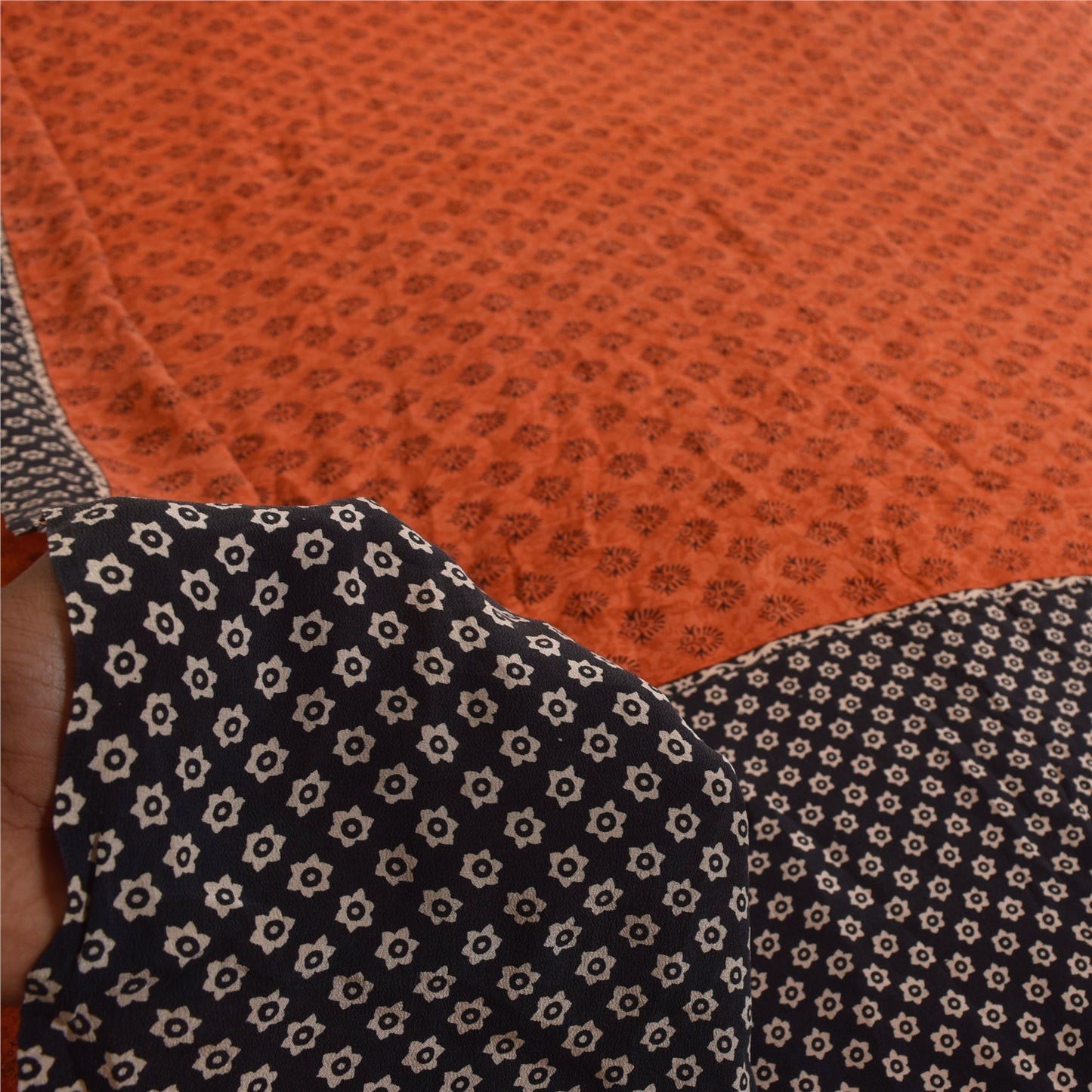 Sanskriti Vintage Sarees Orange Pure Crepe Silk Printed Sari 5+yd Craft Sustainable Fabric